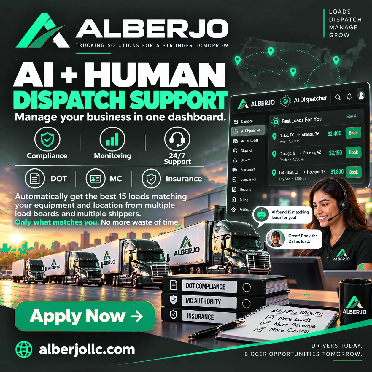 ALBERJO AI + human dispatch support — an AI dispatcher finds your best 15 loads and a real dispatcher backs you up, all in one dashboard.