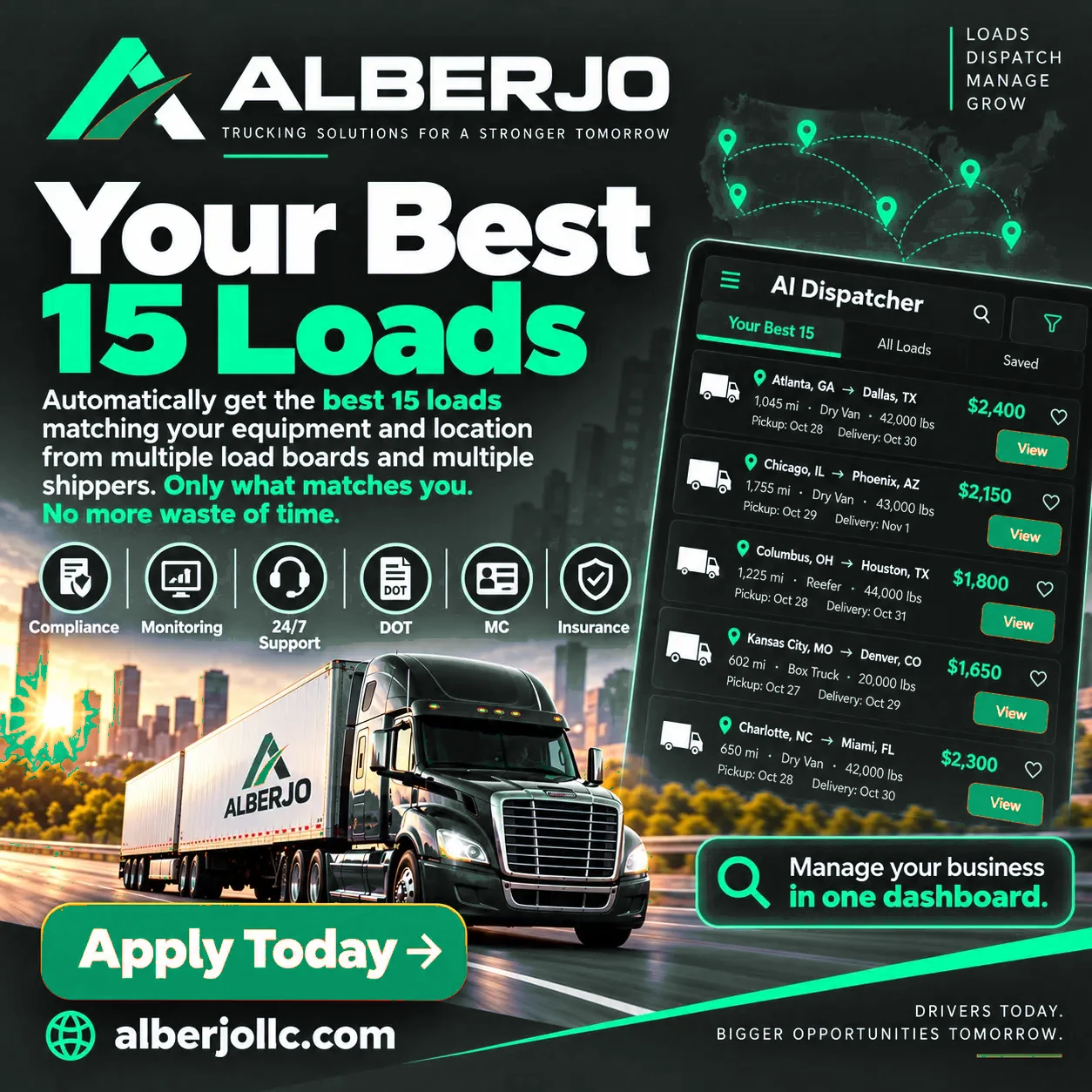 ALBERJO AI Dispatcher showing your best 15 matching loads with lanes, miles, equipment and rate
