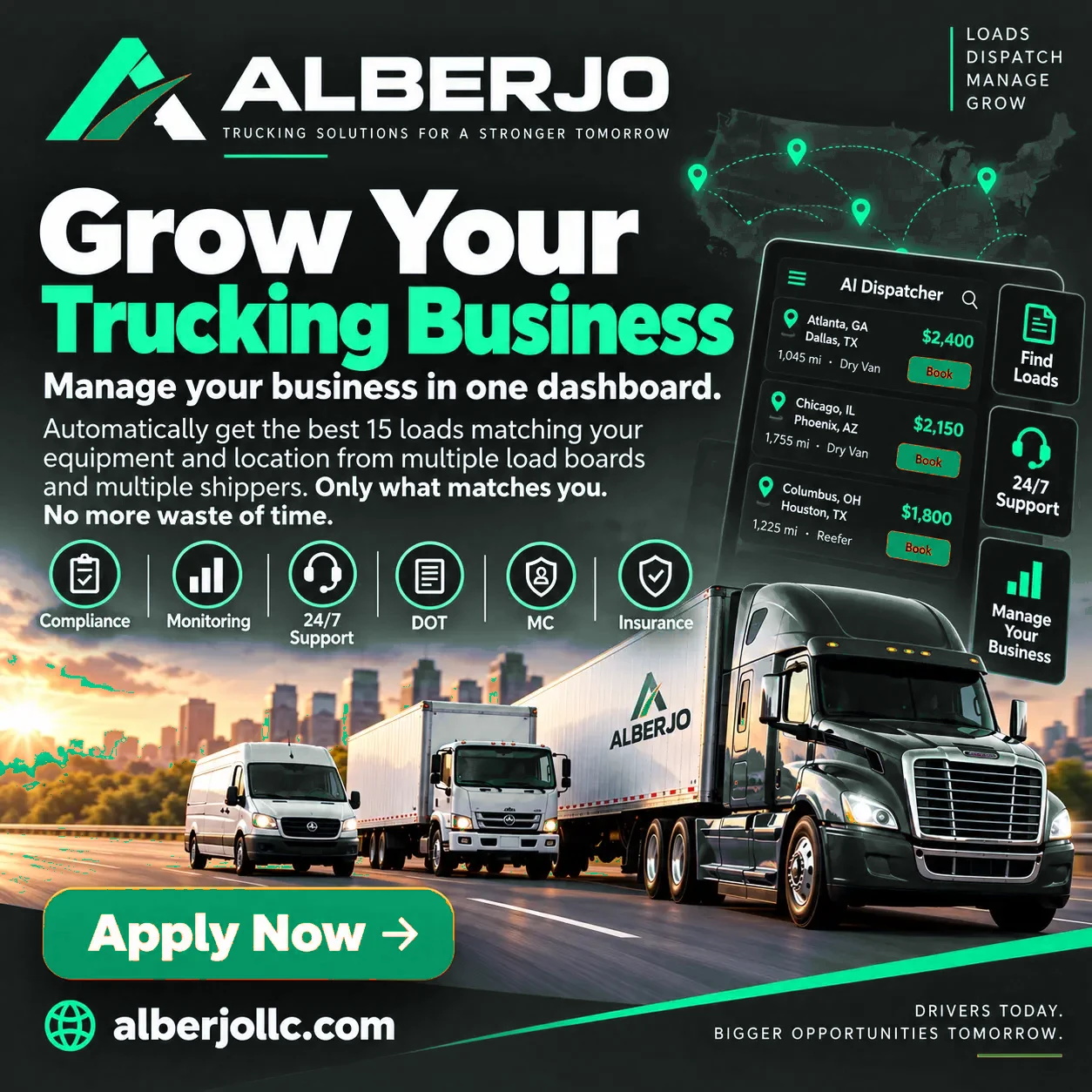 Grow your trucking business with ALBERJO — manage your business in one dashboard and automatically get your best 15 matching loads.