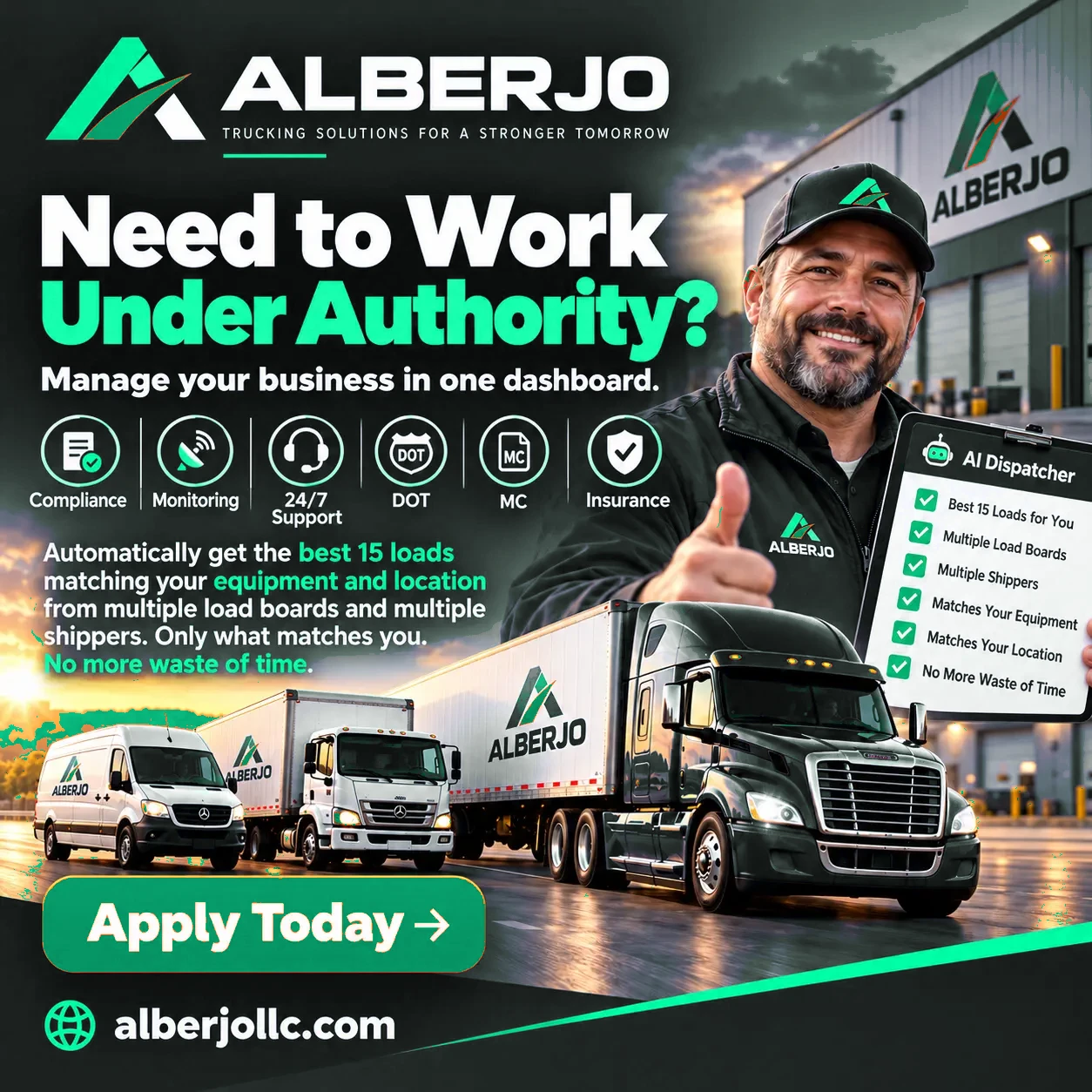 Need to work under authority? ALBERJO automatically finds your best 15 loads from multiple load boards and shippers — matching your equipment and location.